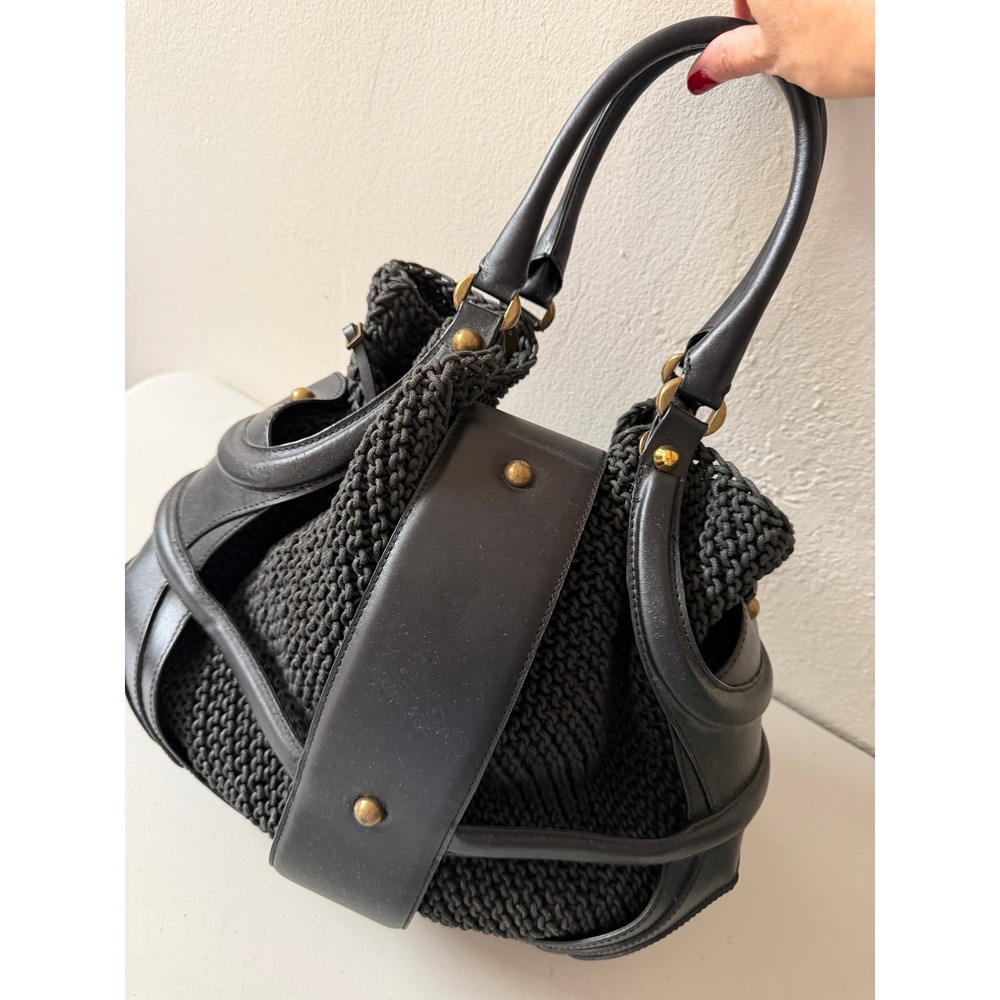 Alexander McQueen Black Leather Crochet Novak Satchel Bag with Pouch Handbag - Picture 2 of 14